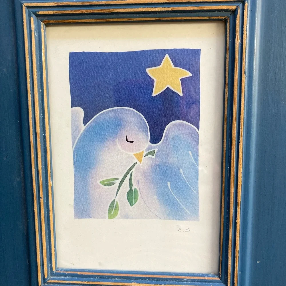 Beautiful Peace Dove Framed Card 10x8” Blue Wood Frame